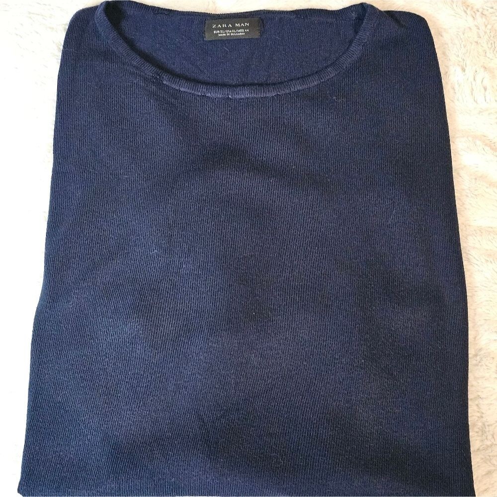 ZARA MEN Navy Blue Round Neck T-Shirt Short Sleeves. Thin Sweater Size XL. - Picture 2 of 5
